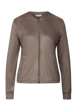 Veste bomber en suede taupe avec manches longues, fermeture éclair sur le devant, col rond et poches latérales.