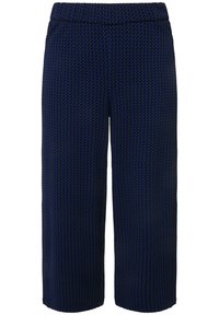 Culottes azul marino con un patrón texturizado, patas anchas y una cintura elástica para mayor comodidad y facilidad de uso.