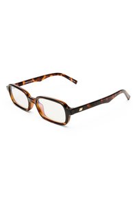 Ορθογώνια σκελετά γυαλιών με μοτίβο χελώνας, διαφανείς φακοί και μικρή μεταλλική λεπτομέρεια στους βραχίονες.