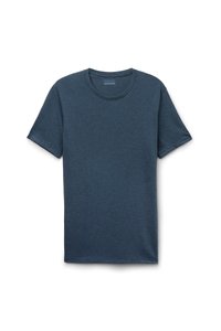 Mörkblå kortärmad T-shirt med rund halsringning, tillverkad av mjukt, strukturerat tyg med standardpassform och en enkel design utan utsmyckningar.
