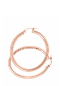 Rose gold hoop earrings with a polished finish, featuring a simple clasp and two interlocking circular shapes. Smooth texture and sleek design.