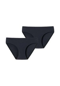 Två par mörk marinblå bikiniunderkläder gjorda av slät tyg, med en sömlös design och kontrasterande svart kant längs kanterna.
