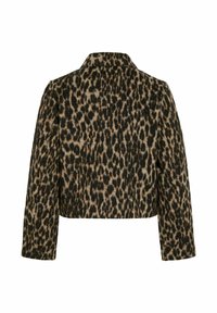 Giacca cropped con stampa leopardata in tonalità di marrone e nero. Presenta un colletto e maniche lunghe, realizzata in tessuto morbido con una finitura testurizzata.