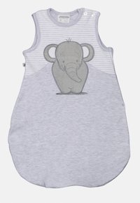 Grå utenermed søvnpose til baby med elefantdesign. Har stripete øverste del, mykt materiale og trykknapper på skuldrene.