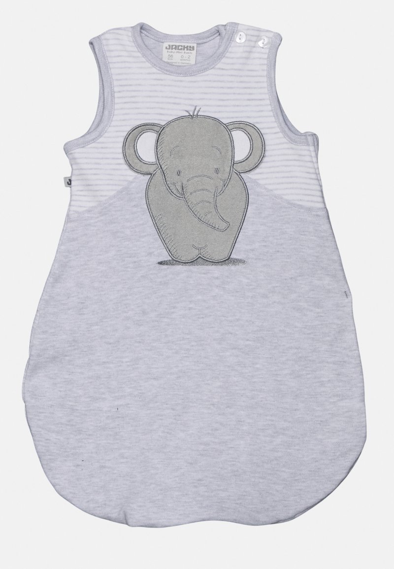 Saco de dormir para bebé sem mangas, cinza, com um design de elefante. Apresenta uma parte superior às riscas, material suave e fechos de pressão nos ombros.