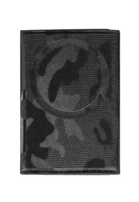 Portafoglio in camouflage nero, materiale testurizzato, forma rettangolare, presenta un design circolare in rilievo, finitura liscia con motivi sottili.