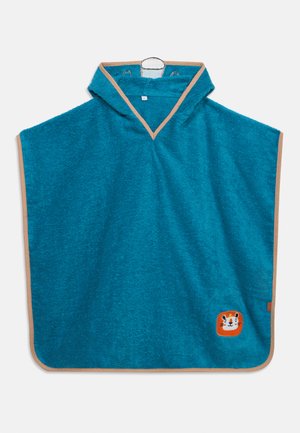 Modrý froté uterák pre batoľatá s kapucňou a béžovým lemovaním, nášivka s tvárou tigra pri spodnom rohu a kapucňa s vyšívanými očami a nosom.