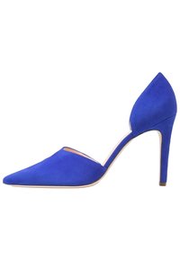 Modré sametové lodičky na vysokém podpatku s špičatou špičkou a otevřeným bočním designem. Disponují štíhlým stiletto podpatkem a hladkou texturou.