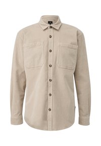 Beige corduroy overhemd met een kraag, lange mouwen, twee borstzakken en knoopsluiting, met textuurstof en een afgeronde zoom.