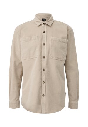 Beige corduroy overhemd met een kraag, lange mouwen, twee borstzakken en knoopsluiting, met textuurstof en een afgeronde zoom.