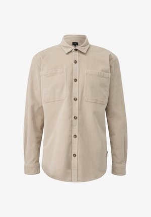 Camisa de pana beige con cuello, mangas largas, dos bolsillos en el pecho y cierre de botones, con tejido texturizado y dobladillo redondeado.