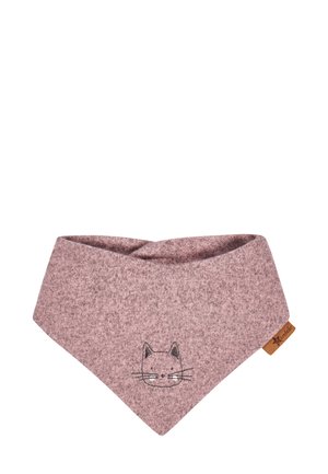 Rosa, dreieckige Latzschürze aus weichem, strukturiertem Stoff mit einem gestickten Katzenkopf-Motiv und einem braunen Lederetikett auf einer Seite.