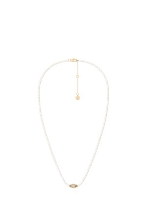 Zarte Perlenkette mit einer gold- und silberfarbenen zentralen Perle und verstellbarem goldenen Kettenverschluss.