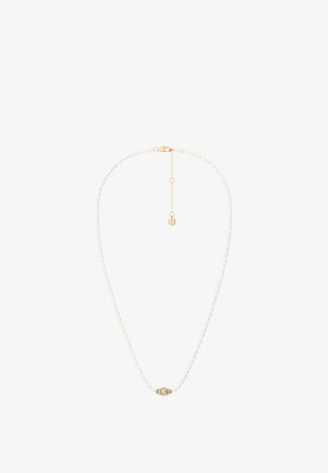 Delicate pearl necklace with a gold and silver central bead and adjustable gold chain clasp.
