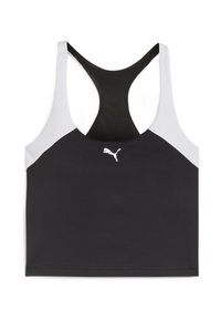 Sutien sport negru cu un design tip racerback, cu accente gri pe umeri și un logo alb în față. Textură de material neted.