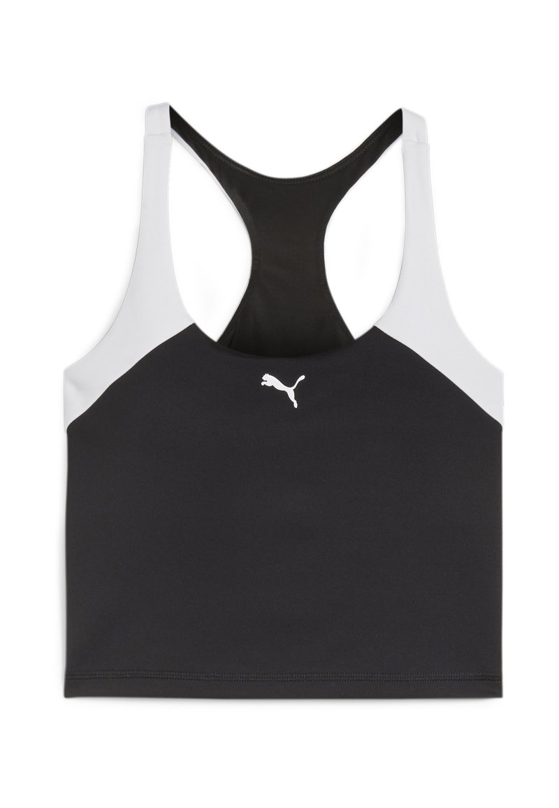 Sutien sport negru cu un design tip racerback, cu accente gri pe umeri și un logo alb în față. Textură de material neted.