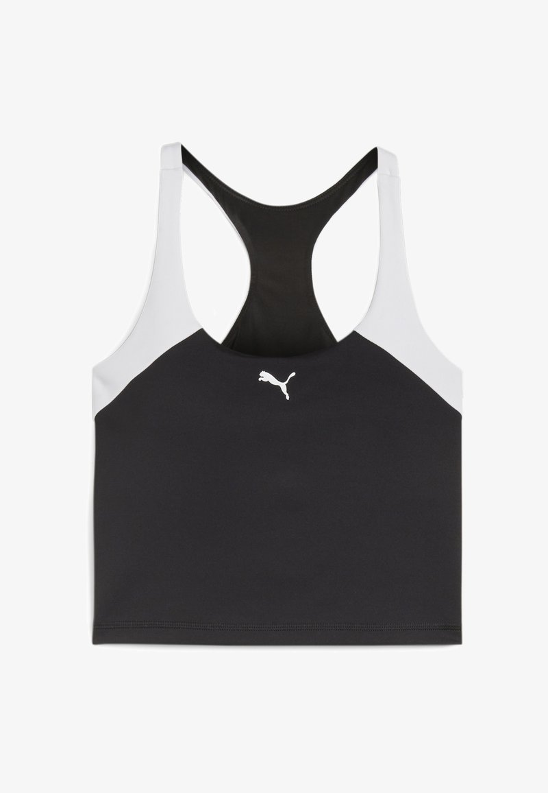 Sutien sport negru cu un design tip racerback, cu accente gri pe umeri și un logo alb în față. Textură de material neted.