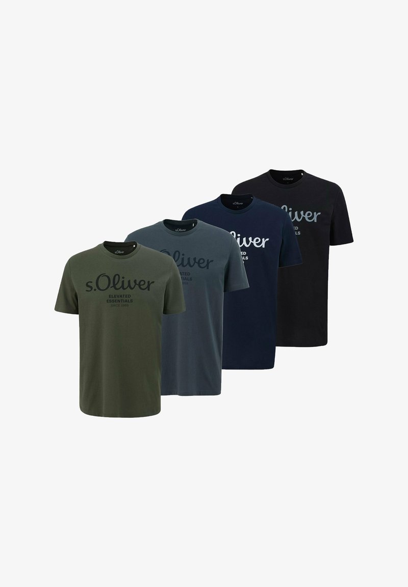 Fire korte ærmer t-shirts i olivengrøn, grå, navy og sort, med et trykt logo på forsiden og design med rund hals.