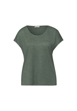 Korte mouw, losse pasvorm, groen dames T-shirt met ronde hals en minimale textuur, weergegeven op een effen witte achtergrond.