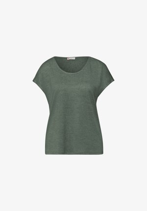 Camiseta verde de mujer de manga corta y corte holgado con escote redondo y textura mínima, mostrada sobre un fondo blanco liso.