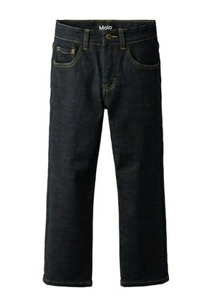 Jeans in denim blu scuro con taglio dritto, caratterizzati da cuciture gialle, chiusura con bottone e tasche frontali. Etichetta del marchio: Molo.