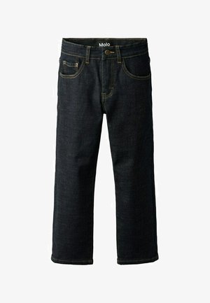 Jeans de mezclilla azul oscuro con corte recto, con costuras amarillas, cierre de botón y bolsillos delanteros. Etiqueta de marca: Molo.