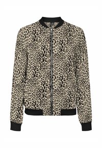 Bavlněná bombera s leopardím potiskem, která se vyznačuje měkkou látkou, kulatým výstřihem, předním zipem a černými žebrovanými manžetami a lemem.
