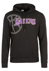 Felpa nera con testo "Lakers" in viola e giallo e outline di un pallone da basket bianco sul petto, dotata di tasca frontale e cordini.