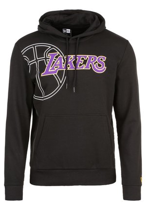 Sudadera negra con el texto "Lakers" en púrpura y amarillo y un contorno de baloncesto blanco en el pecho, con un bolsillo frontal y cordones.