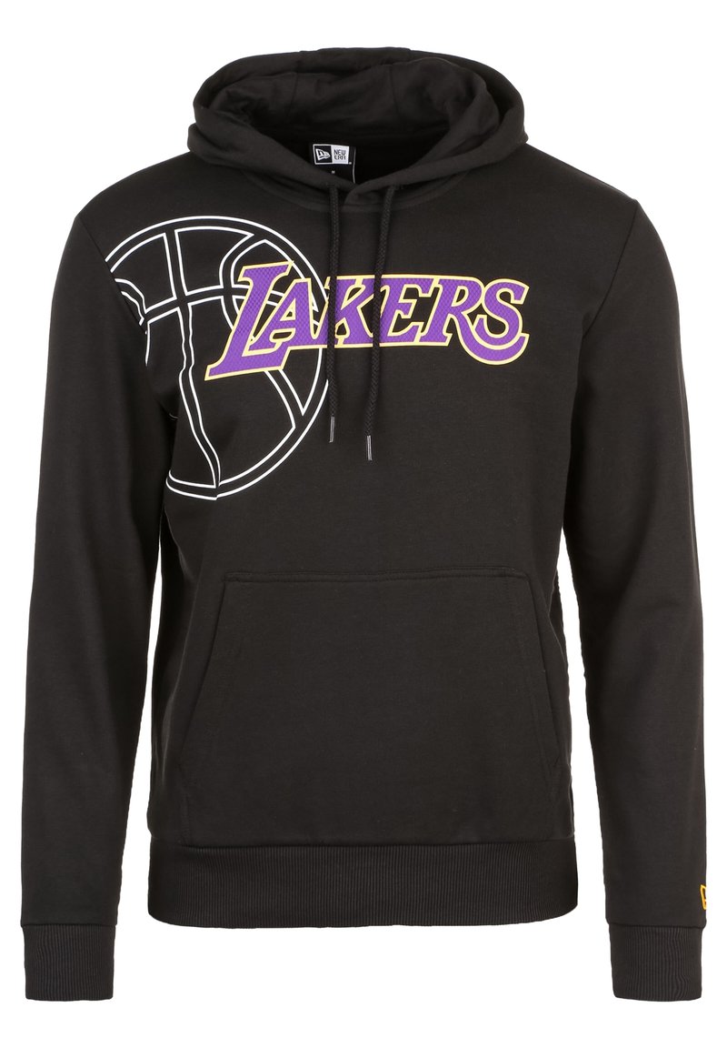 Felpa nera con testo "Lakers" in viola e giallo e outline di un pallone da basket bianco sul petto, dotata di tasca frontale e cordini.