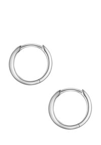 Strieborné kruhové náušnice s hladkým, zaobleným dizajnom. Obsahujú bezšvíkový uzáver a lesklý povrch. Veľkosť je stredná.
