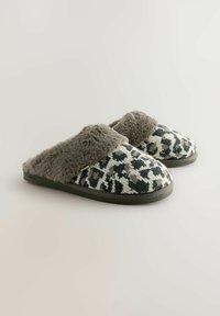 Fuzzy, patterned slippers with a beige and dark green design, featuring a soft gray fur trim and a textured sole.