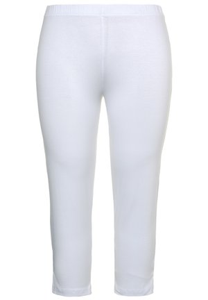 Pantalones blancos de cintura elástica con un diseño ajustado, textura suave y piernas acampanadas. Sin patrones visibles ni detalles de hardware.