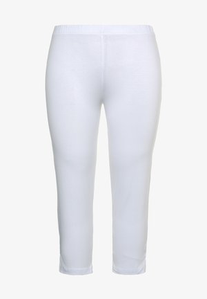 Pantaloni bianchi con vita elasticizzata, dal taglio slim, texture liscia e gambe affusolate. Nessun motivo visibile o dettagli in metallo.
