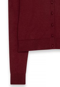 Bordeaux cardigan met een zachte textuur, voorzien van zes ronde knopen aan de voorkant, geribbelde manchetten en een rechte zoom.