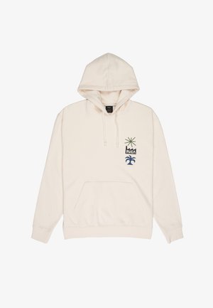 Felpa con cappuccio color crema, tasca frontale, coulisse sul cappuccio e piccola stella verde, grafica nera di fabbrica e albero di palma blu sul petto sinistro.