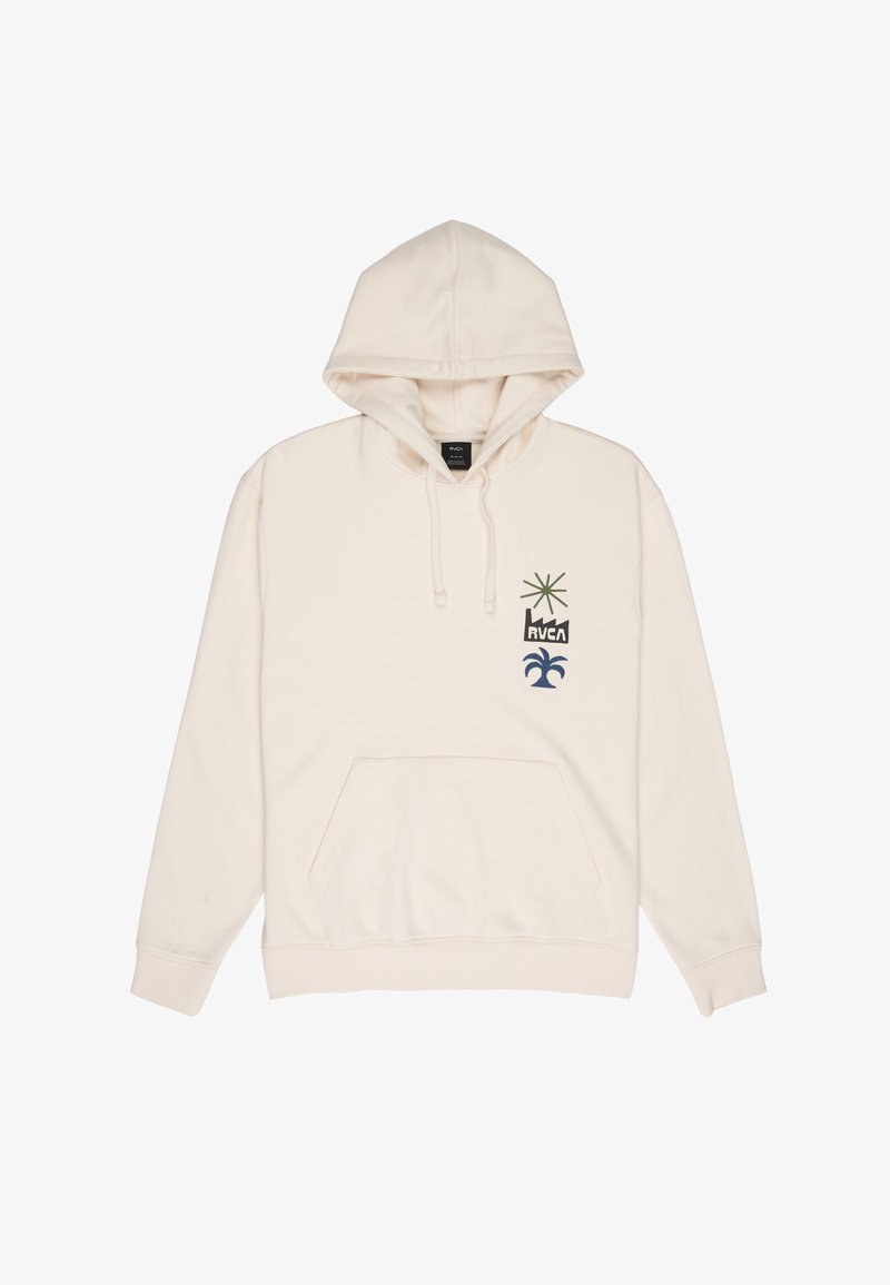 Sudadera con capucha color blanco roto con bolsillo frontal, capucha con cordón y pequeños gráficos en el pecho izquierdo: una estrella verde, una fábrica negra y una palmera azul.