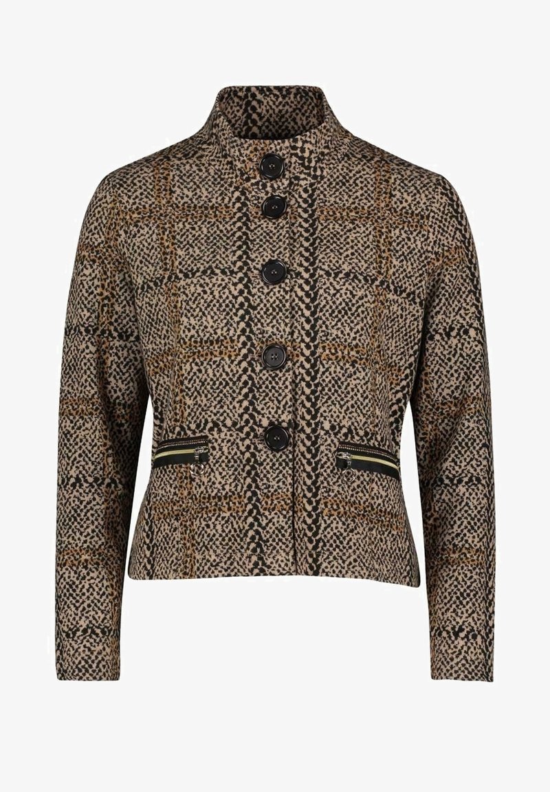 Veste femme à boutons, col montant, motif imprimé animal et deux poches zippées à l'avant en tons noir, marron et beige.