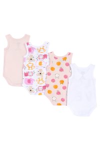 Quatre bodies pour bébés : rose clair, blanc, et à motifs d'animaux et de pois. Fabriqués en coton doux avec un design sans manches et des fermetures à pression.