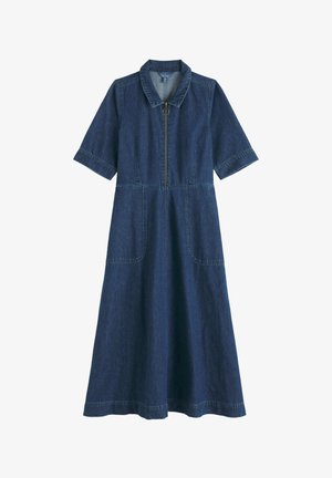 Donkerblauwe spijkerjurk met korte mouwen, voorrits met ringtrekker, twee steekzakken aan de voorkant en een kraag.