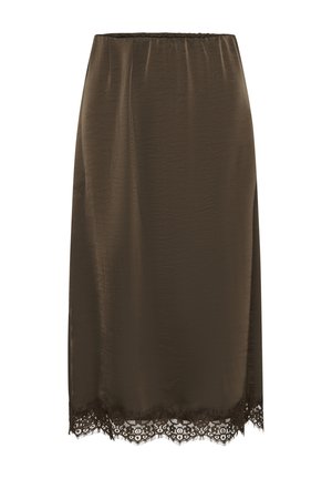 Jupe midi en satin marron avec une ceinture élastique et un liseré en dentelle à l'ourlet, caractérisée par une texture lisse et une silhouette droite.