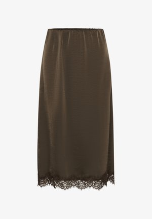 Falda midi de satén marrón con cinturilla elástica y ribete de encaje en el dobladillo, con una textura suave y una silueta recta.