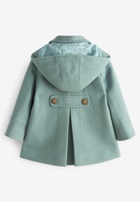 Manteau vert menthe avec capuche, doté d'une doublure à motif floral. Fermeture à trois boutons à l'arrière et coupe évasée. Texture de tissu douce.