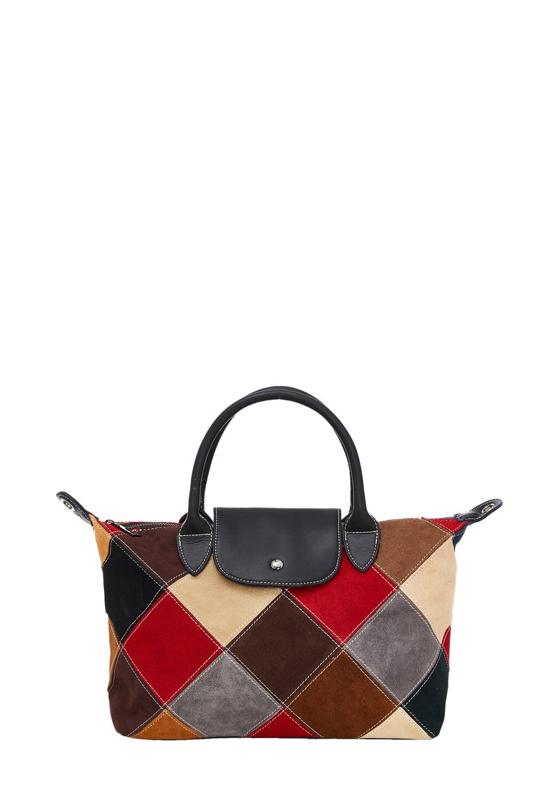 Mønstret suede taske i multicolor med diamantmønster i rød, brun, beige og sort. Sorte læderhåndtag og topklap med tryklås.