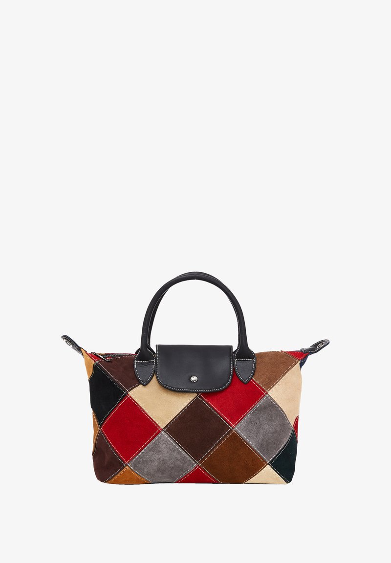 Mønstret suede taske i multicolor med diamantmønster i rød, brun, beige og sort. Sorte læderhåndtag og topklap med tryklås.