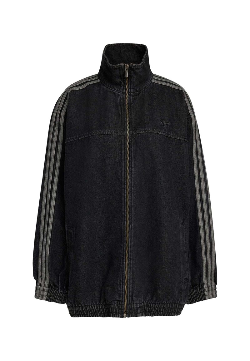 Black denim jacket with a high collar, front zipper, elastic cuffs, and side pockets. Features grey striped accents on sleeves.