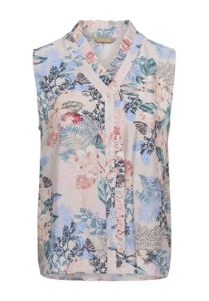Blusa senza maniche con scollo a V, bottoni frontali e motivo floreale pastello in tonalità di blu, rosa, verde e beige.