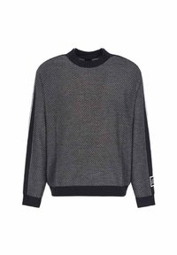 Maglione lavorato a maglia di colore nero con un motivo testurizzato, caratterizzato da un collo rotondo e strisce laterali a contrasto. Polsini e orlo elasticizzati.