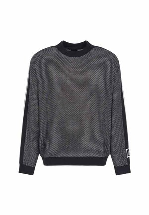 Maglione lavorato a maglia di colore nero con un motivo testurizzato, caratterizzato da un collo rotondo e strisce laterali a contrasto. Polsini e orlo elasticizzati.