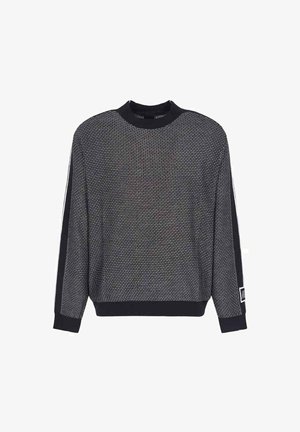 Maglione lavorato a maglia di colore nero con un motivo testurizzato, caratterizzato da un collo rotondo e strisce laterali a contrasto. Polsini e orlo elasticizzati.